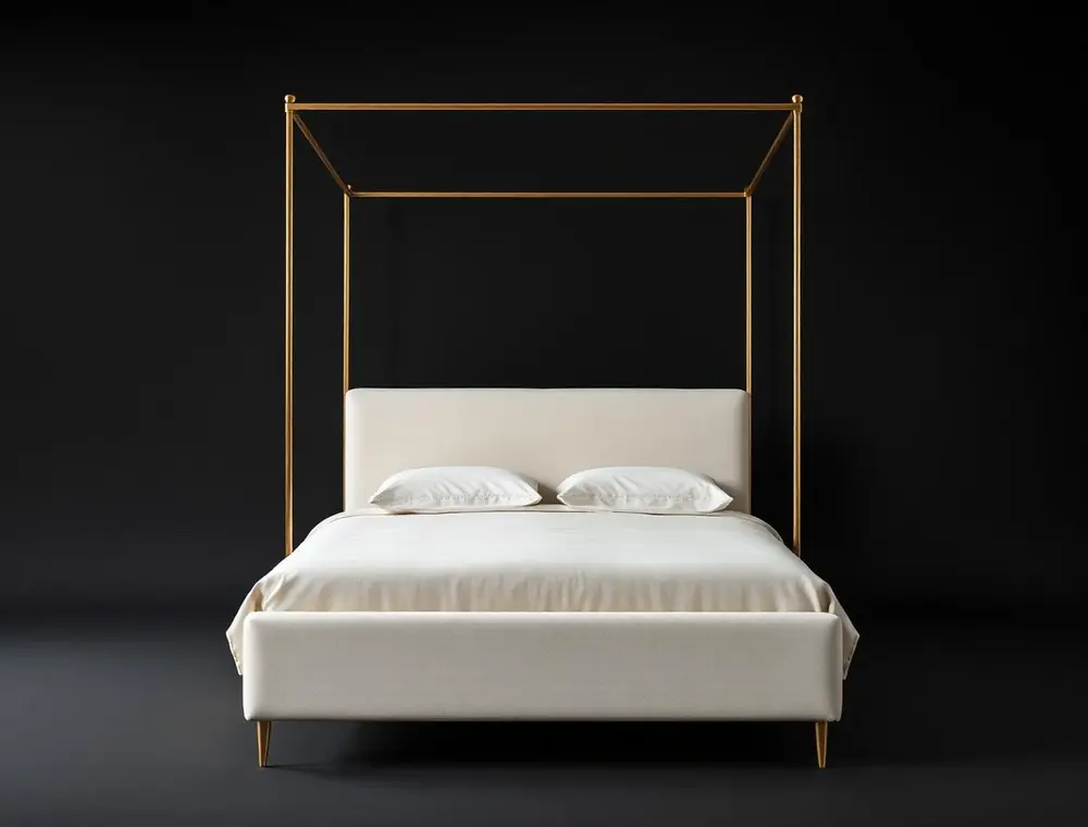 Amélie Canopy Bed — Slim brass canopy with chalk headboard