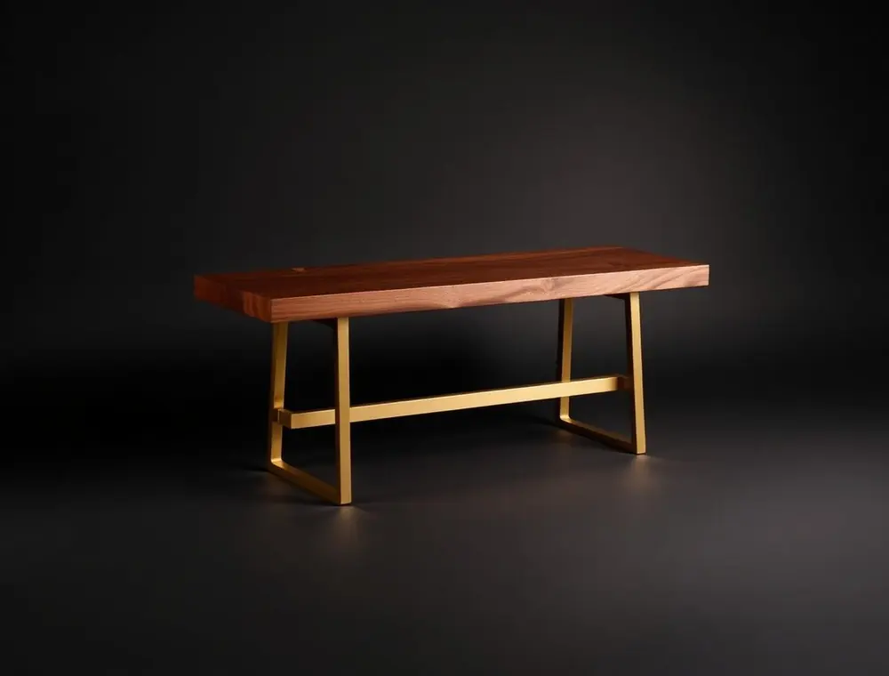 Bastide Bench — Walnut dining bench on a brass sled