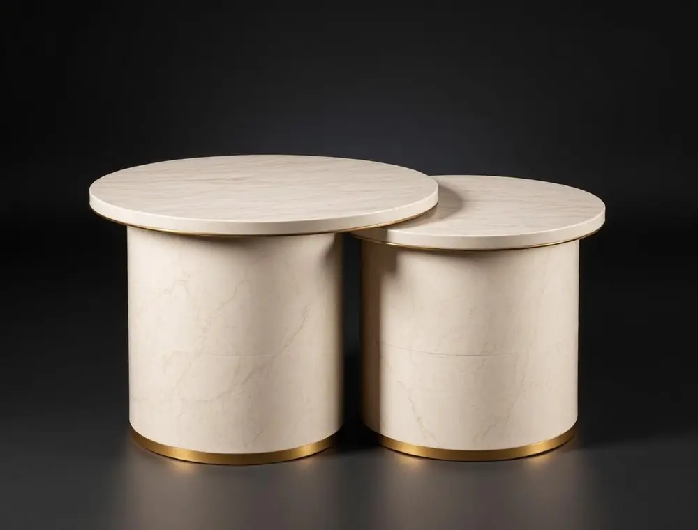 Duo Nesting Tables in Travertine finish — Pair of travertine tables with brass edges